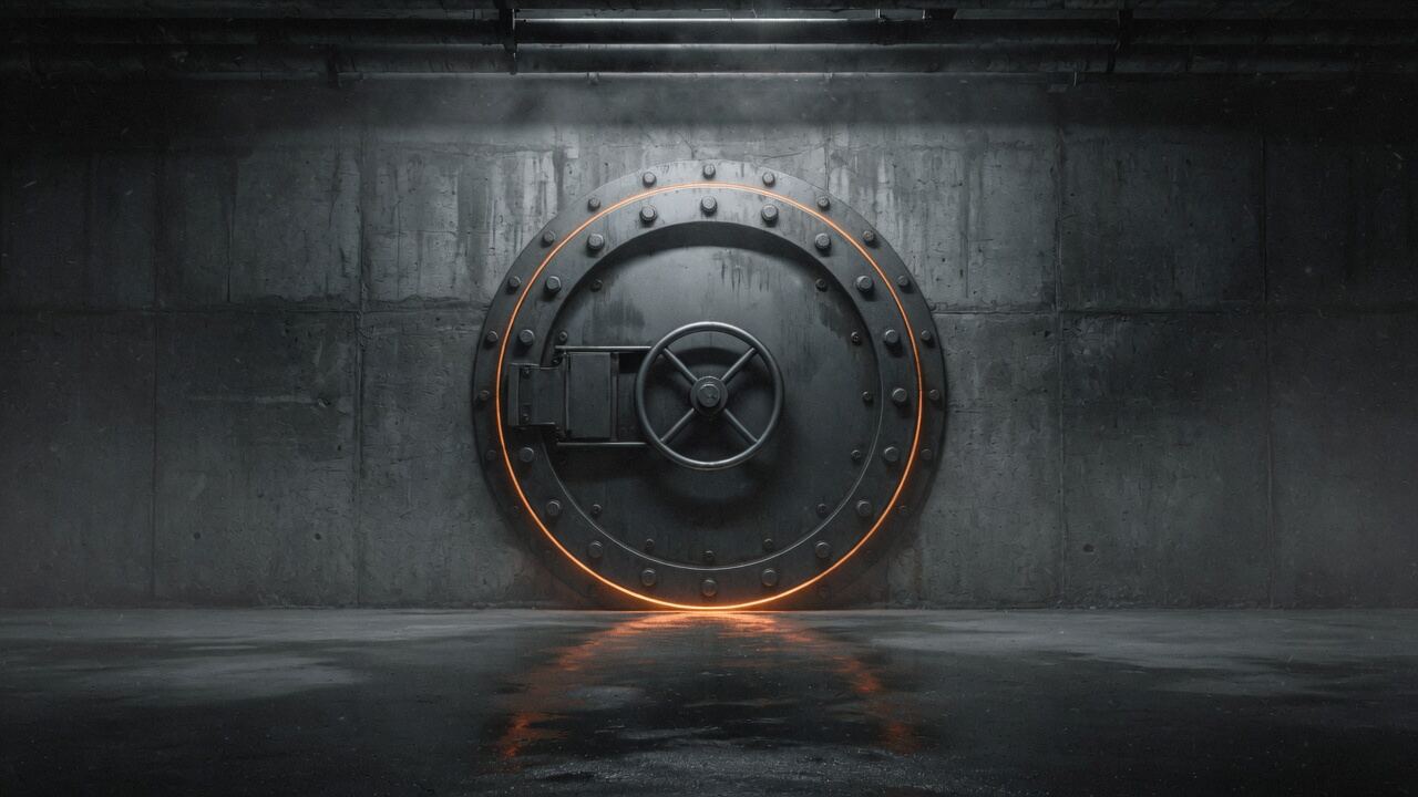 A sealed circular steel airlock door in a concrete wall, a line of orange light at its edge